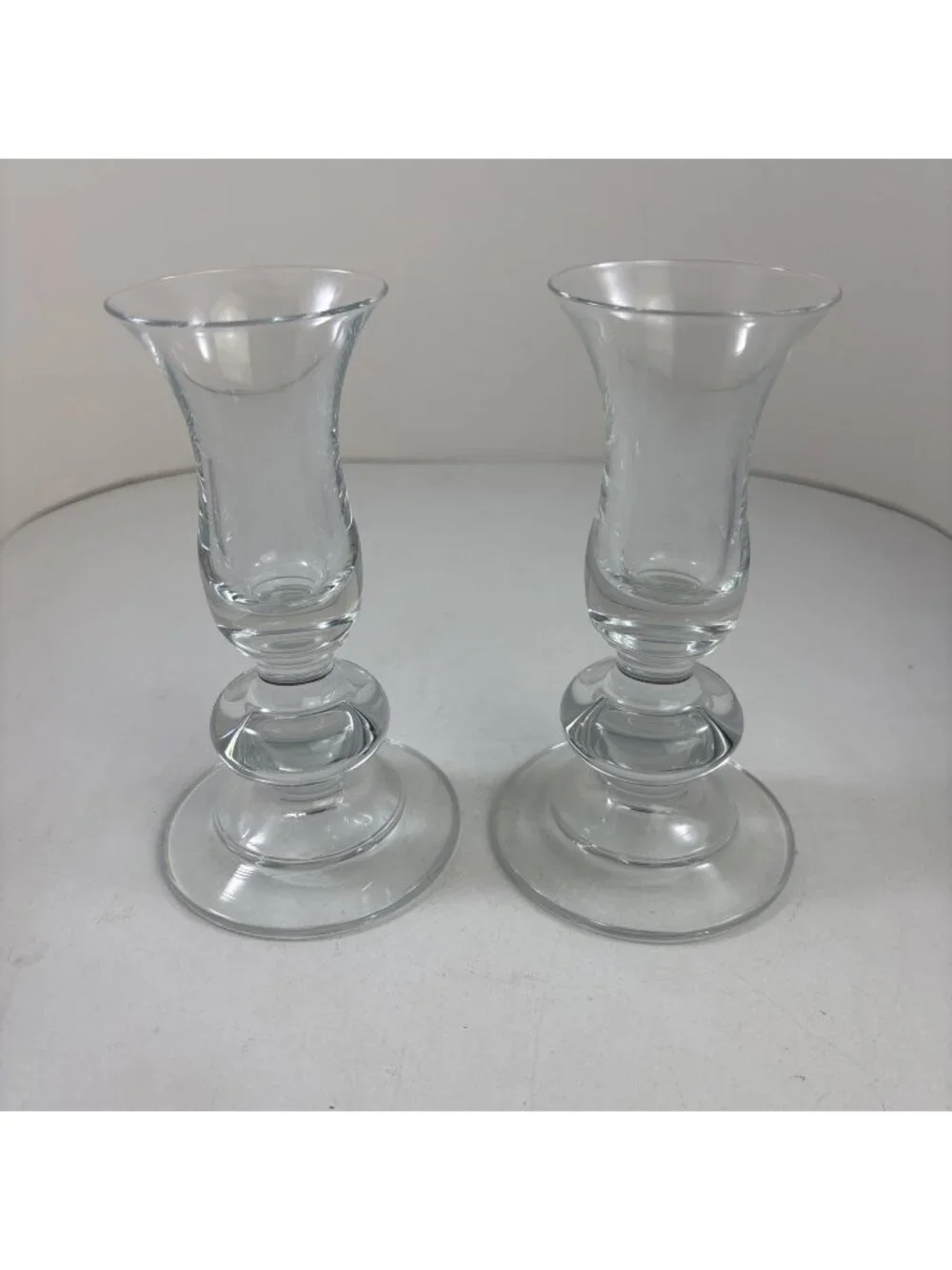 Clear Art Glass Tapered Candle Stick Holders Heavy Mid Century Set Of 2 5.5 Inch